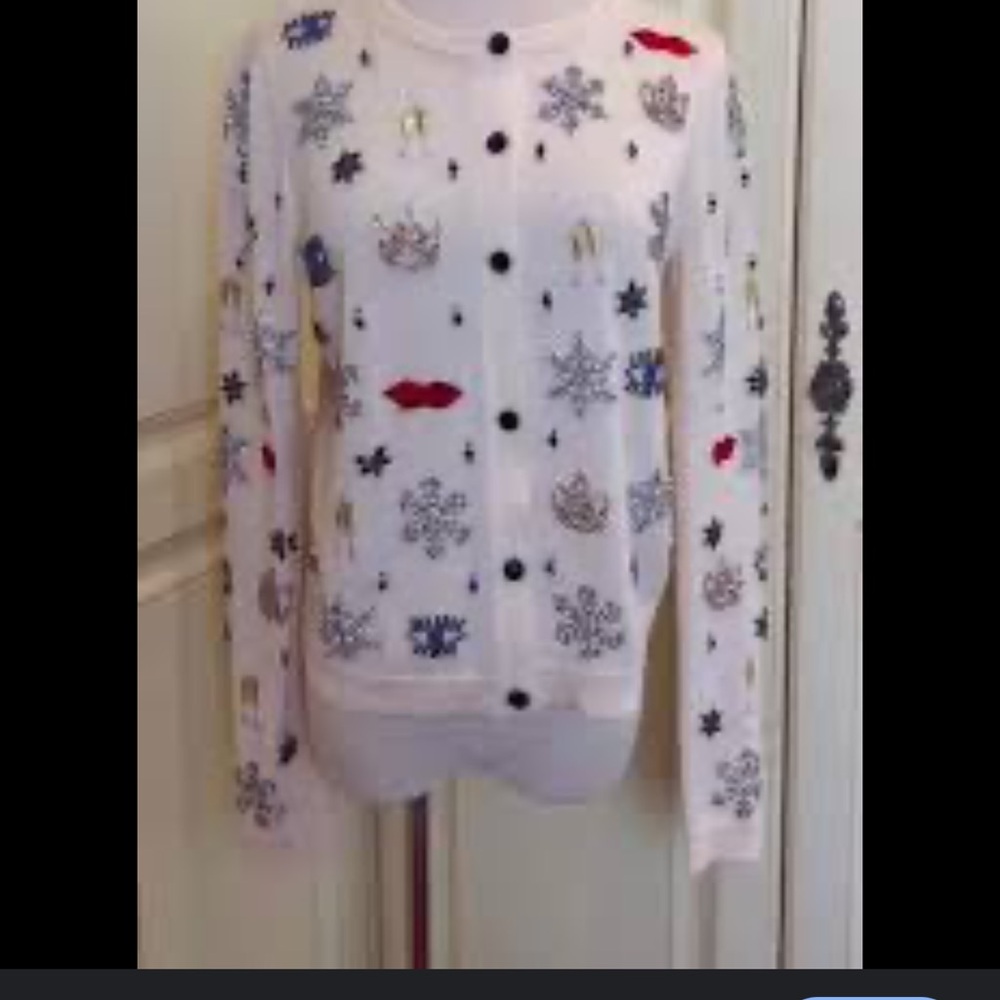 Alice + Olivia Festive Embellished White Cardigan with Snowflake Design